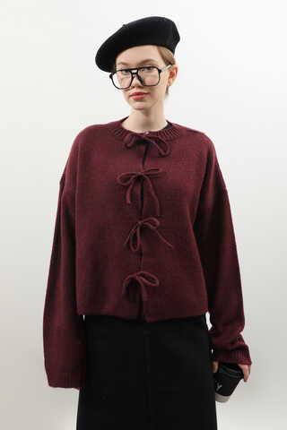 Önü Bağcıklı Hırka Bordo - 5