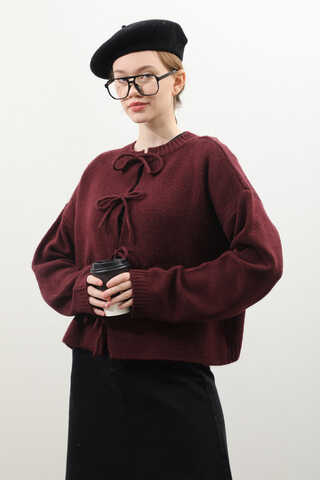 Önü Bağcıklı Hırka Bordo - 9