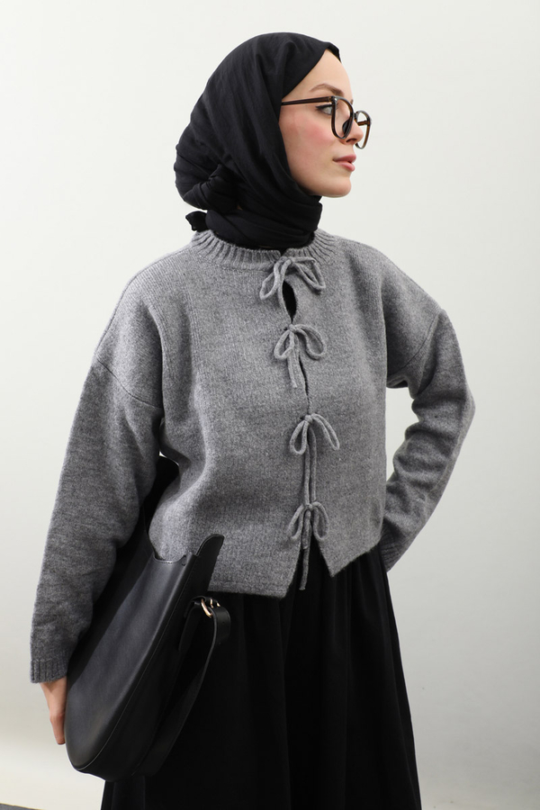 Önü Bağcıklı Hırka Gri - 7