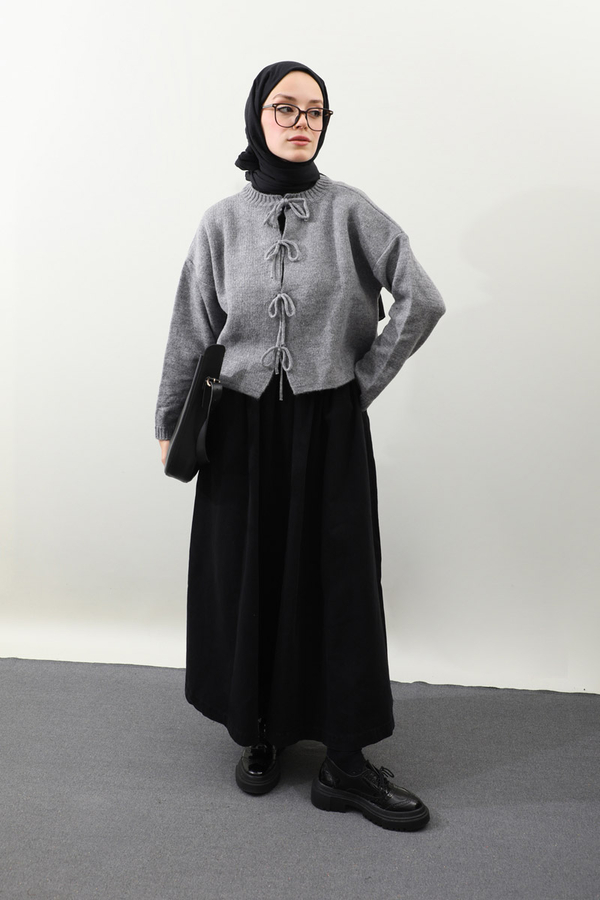 Önü Bağcıklı Hırka Gri - 3