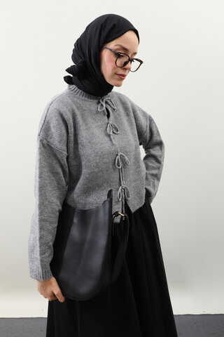 Önü Bağcıklı Hırka Gri - 4