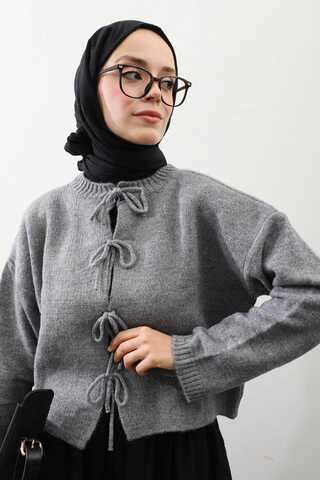 Önü Bağcıklı Hırka Gri - 5