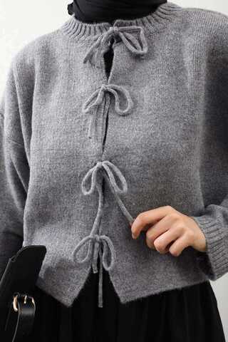 Önü Bağcıklı Hırka Gri - 1