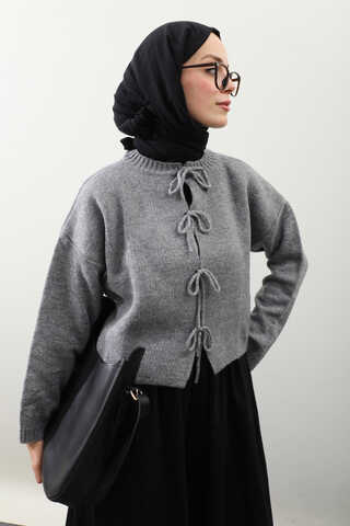 Önü Bağcıklı Hırka Gri - 7