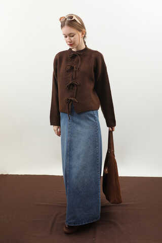 Önü Bağcıklı Hırka Kahverengi - 3