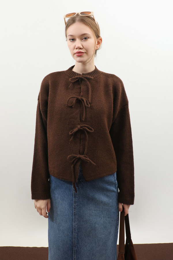 Önü Bağcıklı Hırka Kahverengi - 4