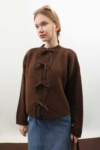 Önü Bağcıklı Hırka Kahverengi - 5