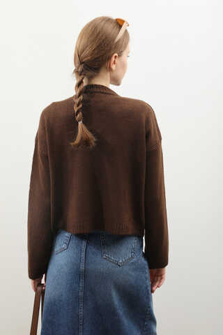 Önü Bağcıklı Hırka Kahverengi - 8