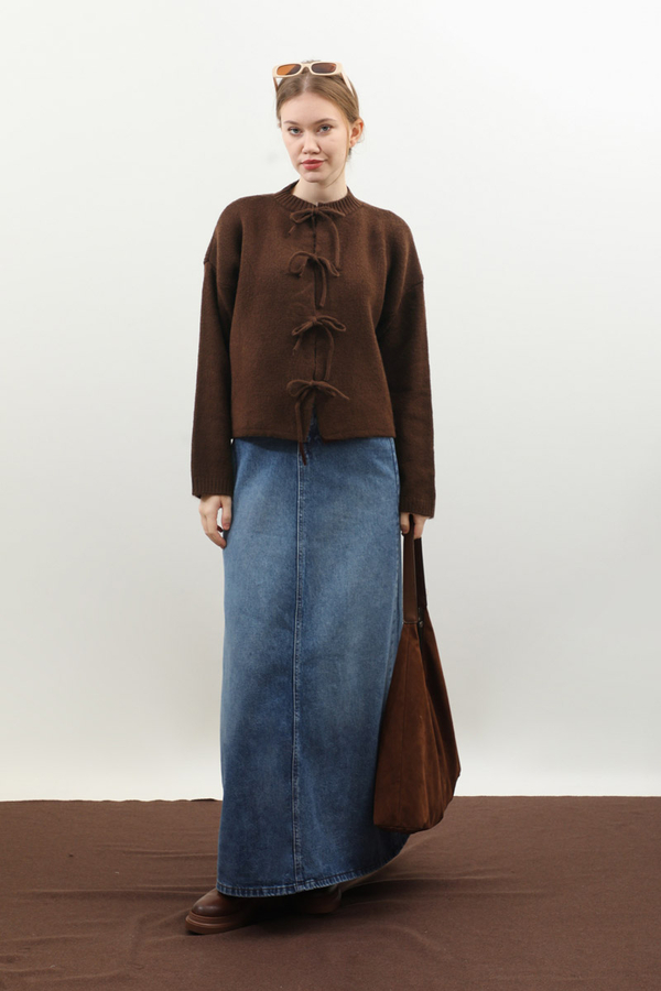 Önü Bağcıklı Hırka Kahverengi - 1