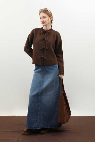 Önü Bağcıklı Hırka Kahverengi - 2