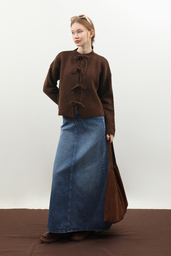 Önü Bağcıklı Hırka Kahverengi - 2