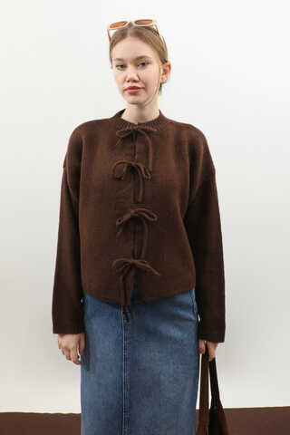 Önü Bağcıklı Hırka Kahverengi - 4