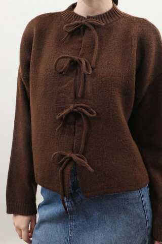 Önü Bağcıklı Hırka Kahverengi - 6