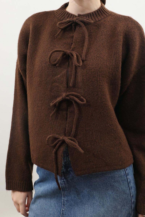 Önü Bağcıklı Hırka Kahverengi - 6