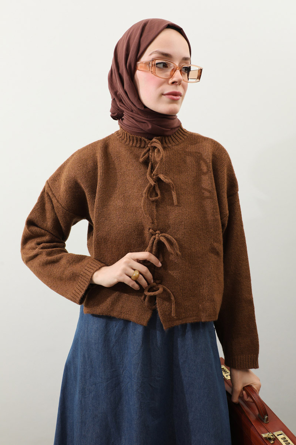 Önü Bağcıklı Hırka Taba - 4