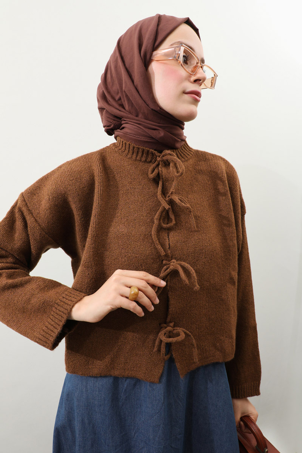 Önü Bağcıklı Hırka Taba - 5