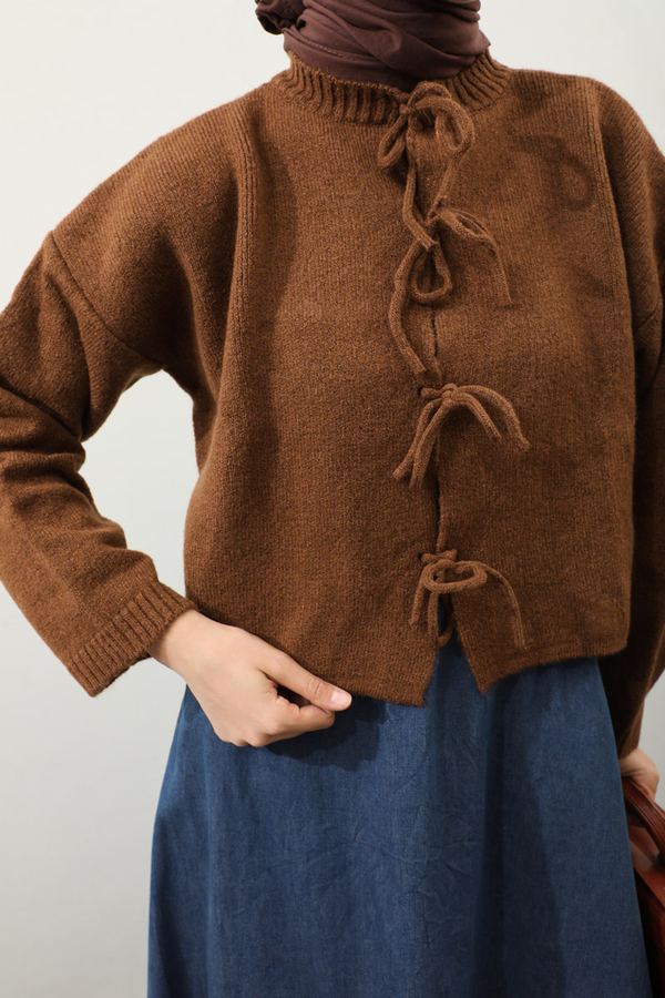 Önü Bağcıklı Hırka Taba - 6