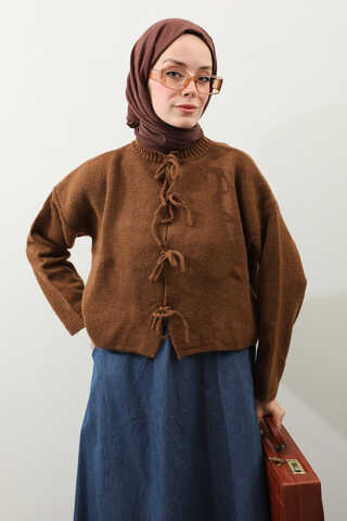 Önü Bağcıklı Hırka Taba - 7