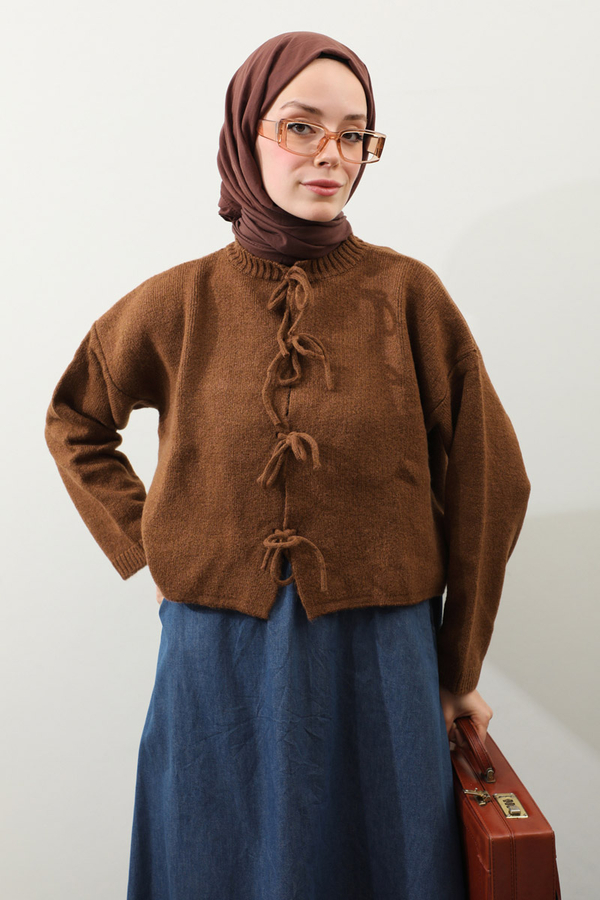 Önü Bağcıklı Hırka Taba - 7