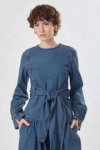 Önü Bağlamalı Denim Bluz Açık Mavi - 1