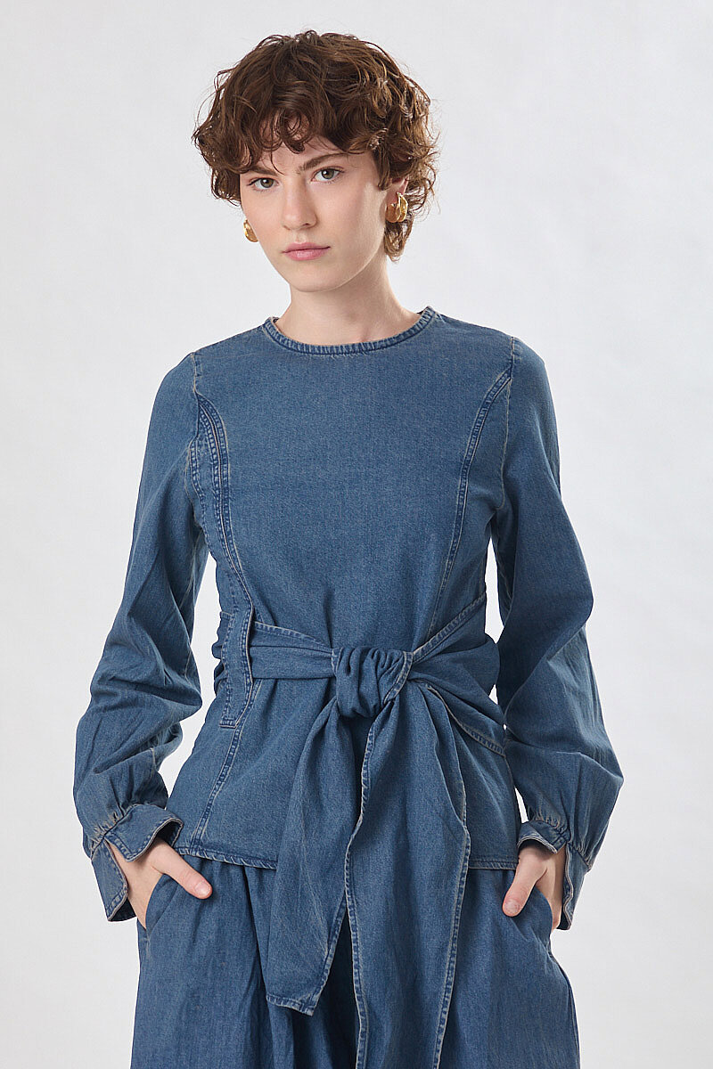 Önü Bağlamalı Denim Bluz Açık Mavi - 1