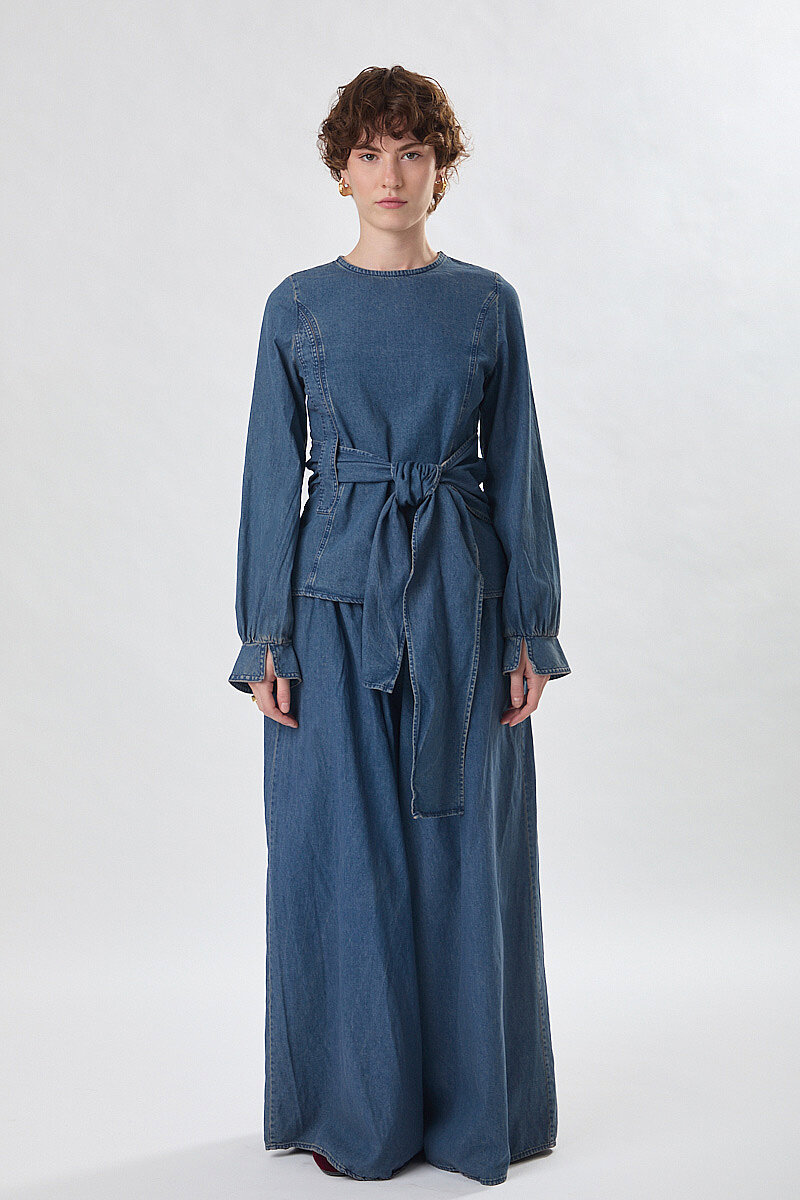 Önü Bağlamalı Denim Bluz Açık Mavi - 2