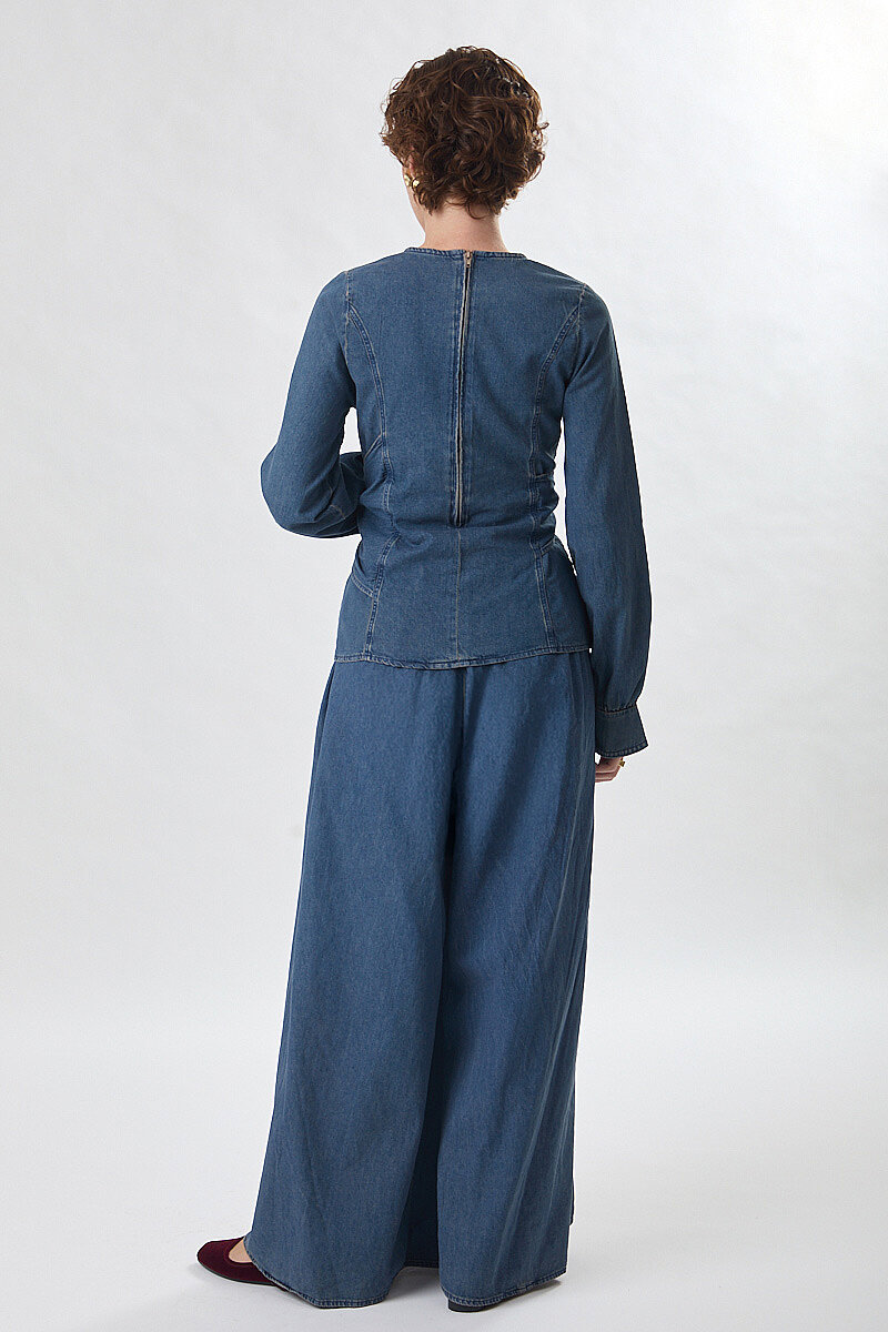 Önü Bağlamalı Denim Bluz Açık Mavi - 3
