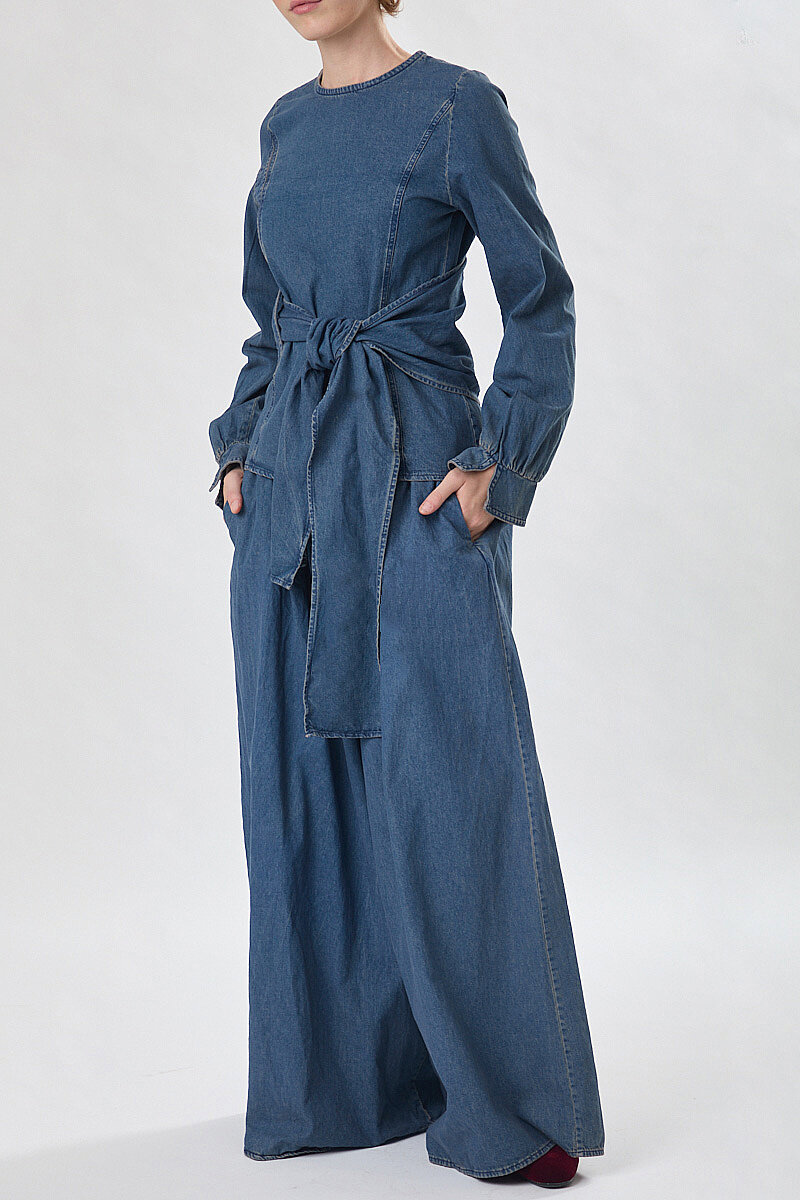 Önü Bağlamalı Denim Bluz Açık Mavi - 4