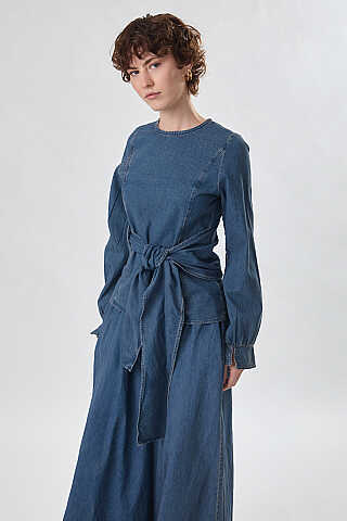 Önü Bağlamalı Denim Bluz Açık Mavi - 5