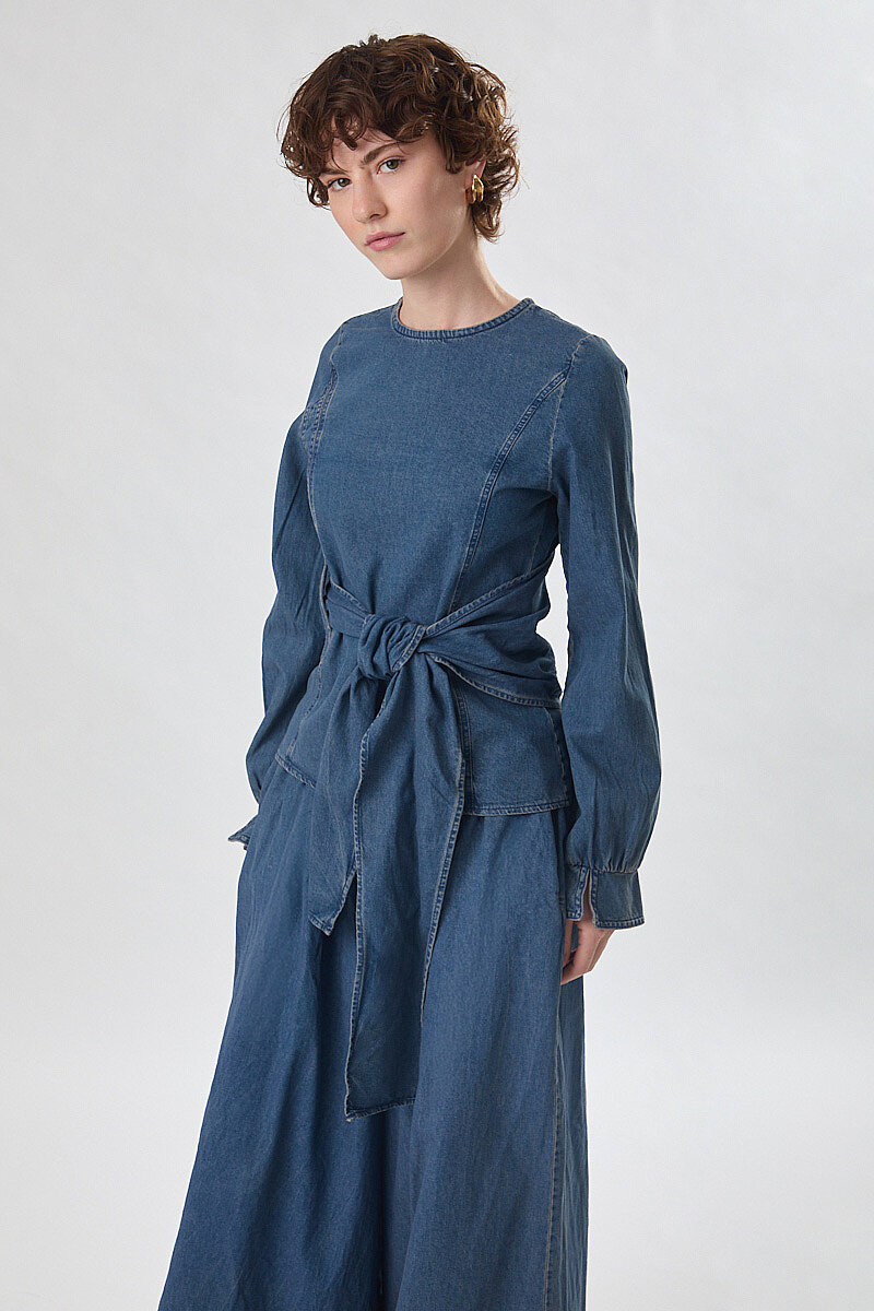 Önü Bağlamalı Denim Bluz Açık Mavi - 5
