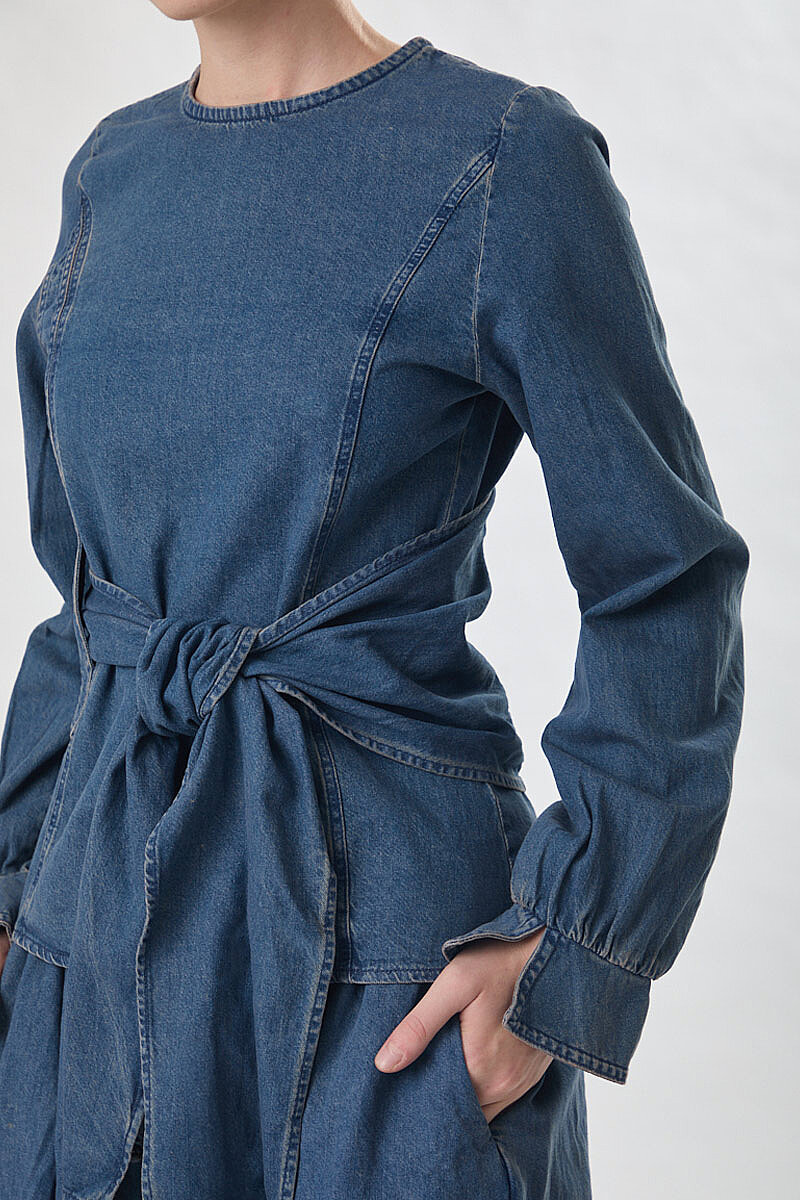 Önü Bağlamalı Denim Bluz Açık Mavi - 3