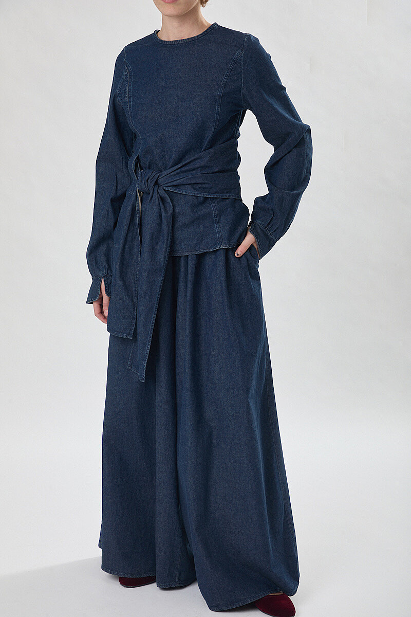 Önü Bağlamalı Denim Bluz Koyu Mavi - 2