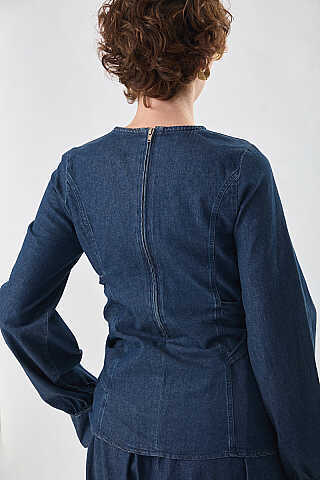 Önü Bağlamalı Denim Bluz Koyu Mavi - 3
