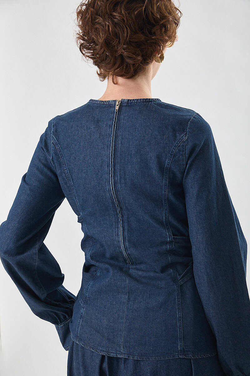 Önü Bağlamalı Denim Bluz Koyu Mavi - 3