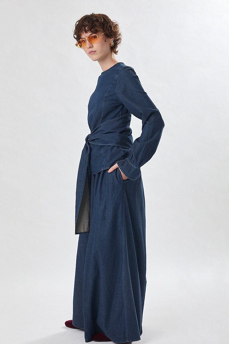 Önü Bağlamalı Denim Bluz Koyu Mavi - 5