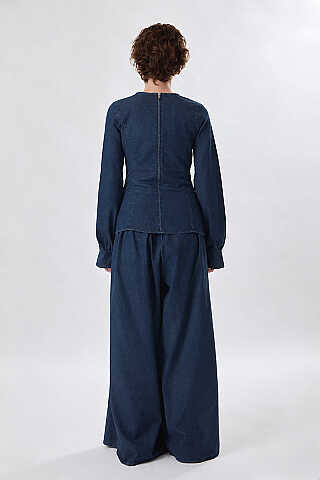 Önü Bağlamalı Denim Bluz Koyu Mavi - 7