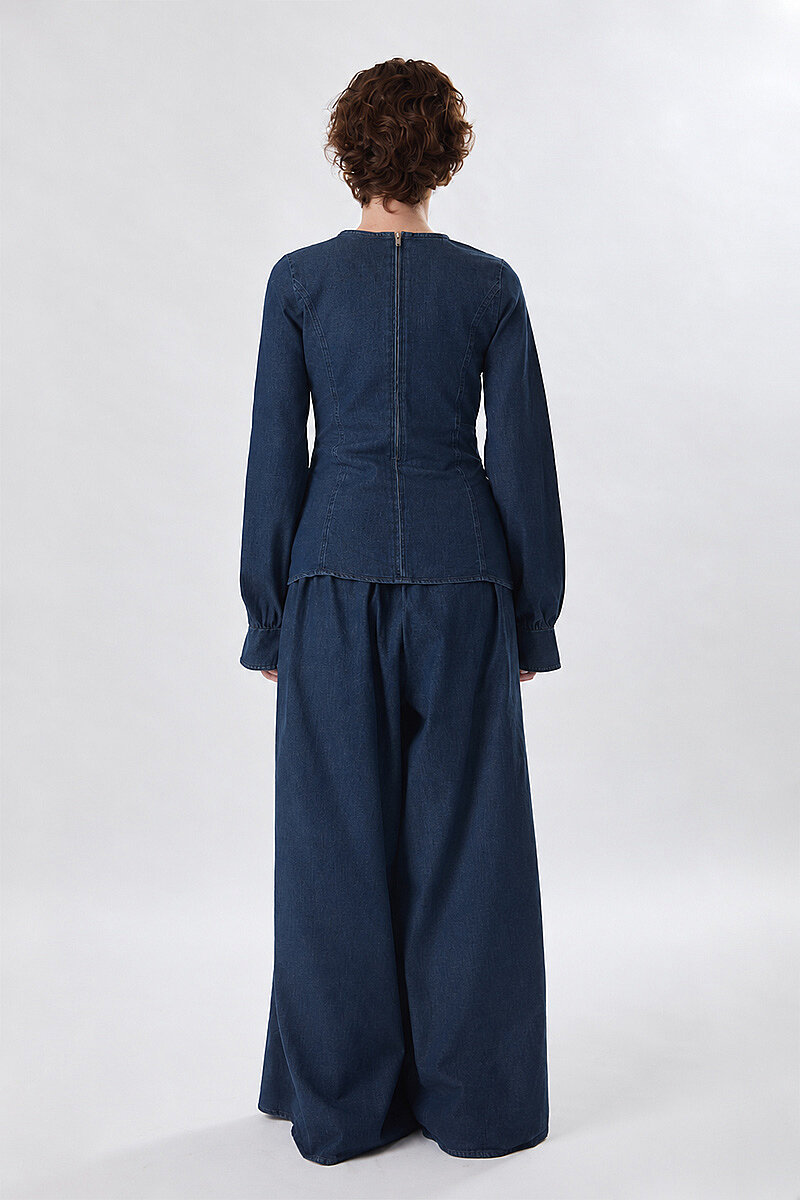 Önü Bağlamalı Denim Bluz Koyu Mavi - 7