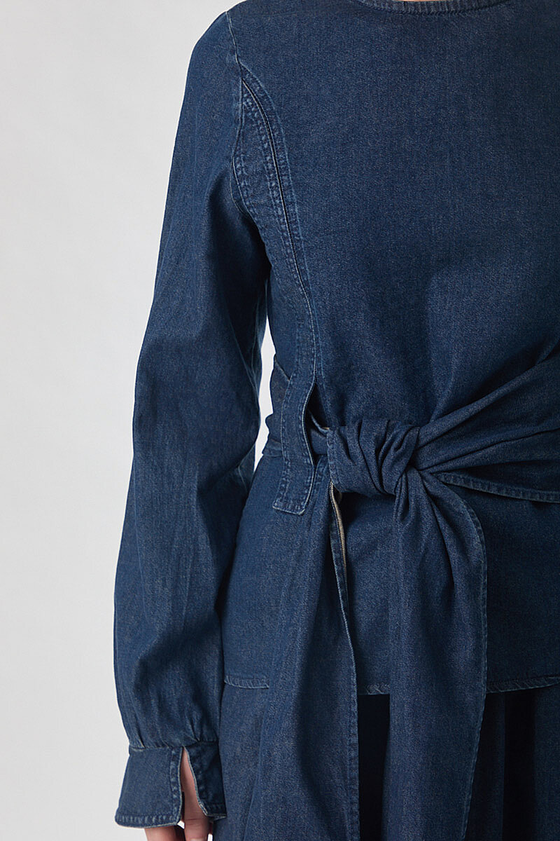 Önü Bağlamalı Denim Bluz Koyu Mavi - 4
