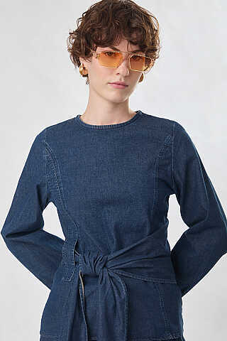 Önü Bağlamalı Denim Bluz Koyu Mavi - 2