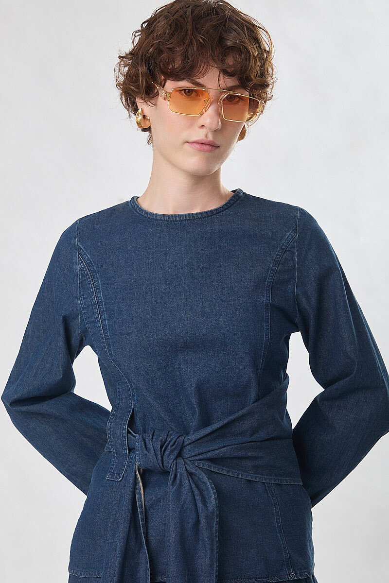 Önü Bağlamalı Denim Bluz Koyu Mavi - 2