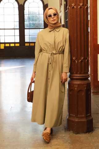 Önü Bağlamalı Gömlek Elbise Açık Bej - 1