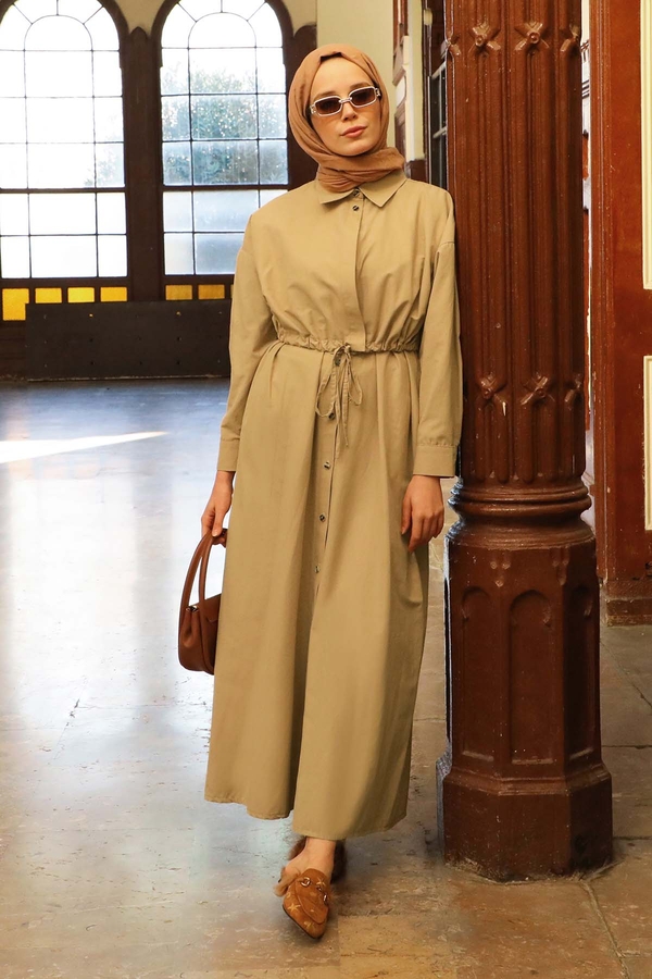 Önü Bağlamalı Gömlek Elbise Açık Bej - 1