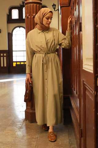 Önü Bağlamalı Gömlek Elbise Açık Bej - 4