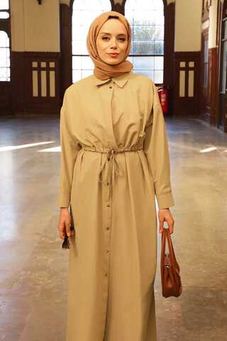 Önü Bağlamalı Gömlek Elbise Açık Bej - 7