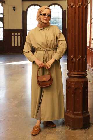 Önü Bağlamalı Gömlek Elbise Açık Bej - 2