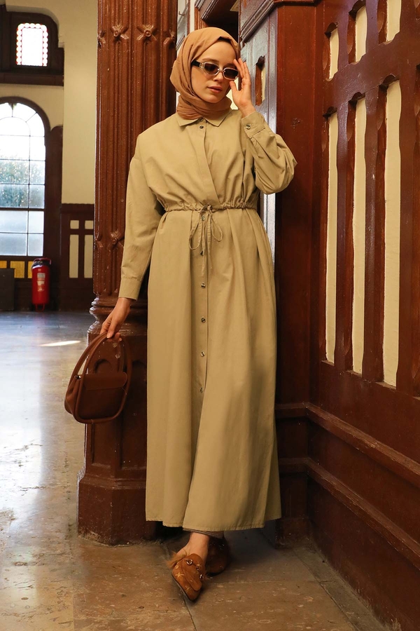 Önü Bağlamalı Gömlek Elbise Açık Bej - 3