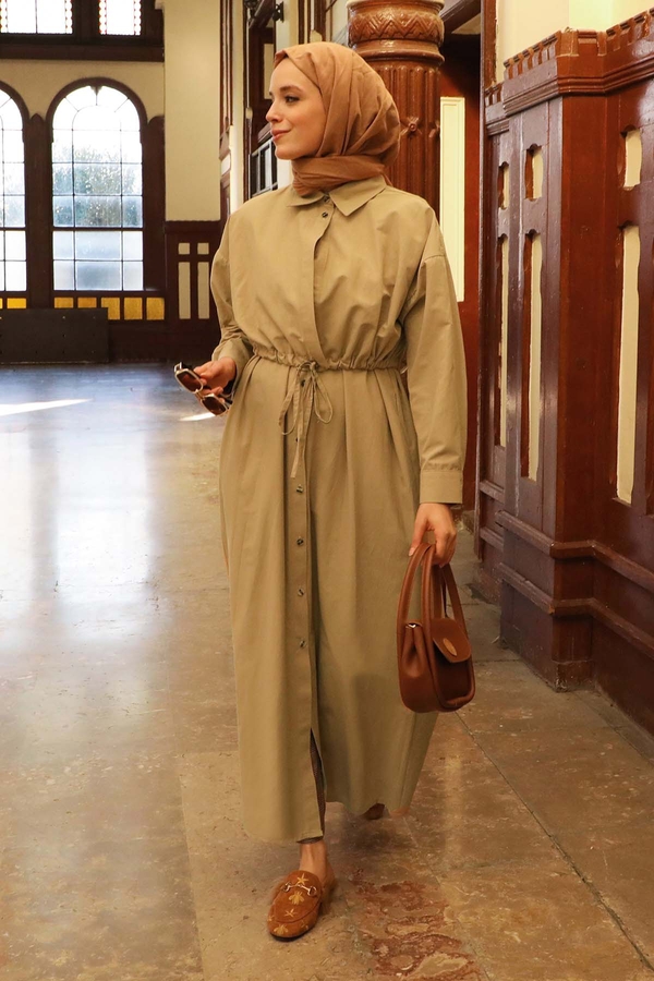 Önü Bağlamalı Gömlek Elbise Açık Bej - 5