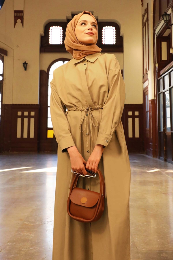 Önü Bağlamalı Gömlek Elbise Açık Bej - 8