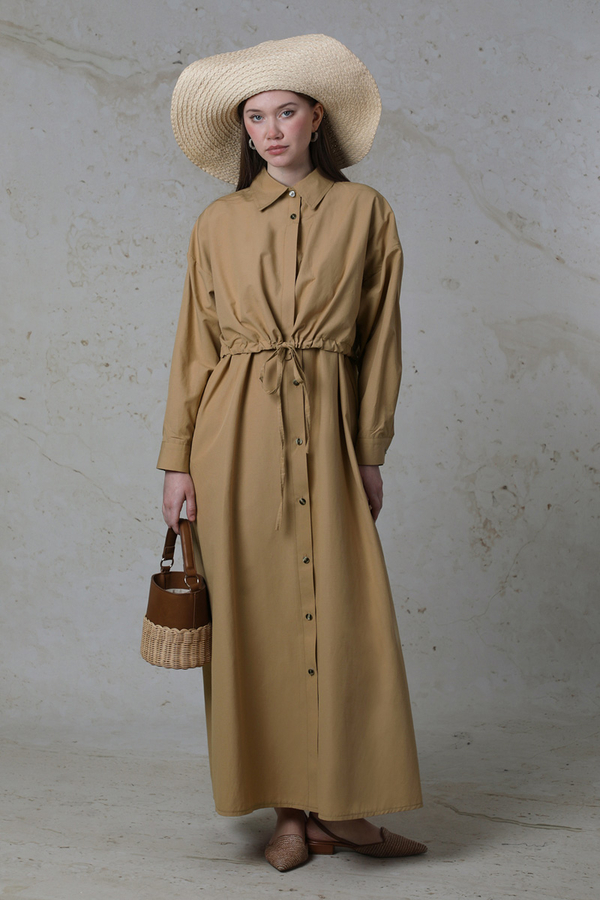 Önü Bağlamalı Gömlek Elbise Bej - 3