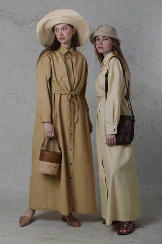 Önü Bağlamalı Gömlek Elbise Bej - 6